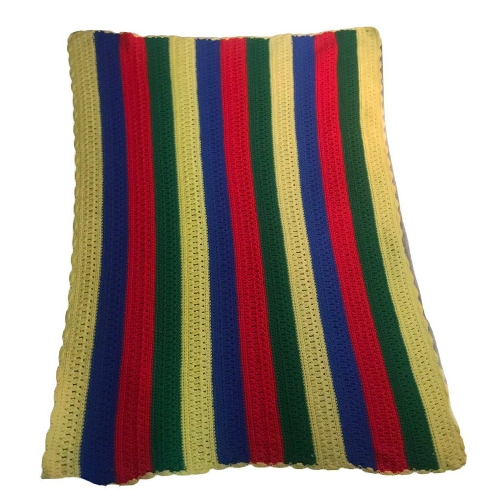 Handmade Rainbow Stripe Crochet Boho Blanket Throw Colorful Multi Acrylic